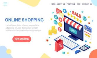 Online shopping concept. Buy in retail shop by internet. Discount sale. 3d isometric computer, laptop with money, credit card, customer review, feedback, bag, package. Vector design for web banner