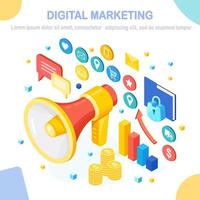 Digital marketing concept. 3d isometric megaphone, loudspeaker, bullhorn with money, graph, folder, speech bubble. Business development strategy advertising. Social media analysis. Vector design