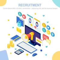 Recruitment. 3d isometric computer, laptop, pc with cv resume, folder, megaphone, bullhorn, loudspeaker, speech bubble. Human Resources, HR. Hiring employees. Job interview. Vector design for banner