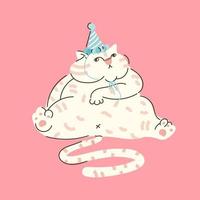 Funny animal vector illustration. A fat cat in a festive cap sits. Cute design for print. Hand draw style