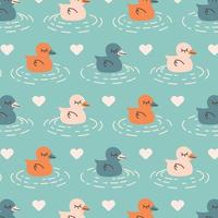 Seamless pattern with ducks. Colored animal repeating background. Hand drawn cute design for fabric. Vector illustration