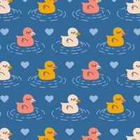 Seamless pattern with ducks. Colored animal repeating background. Hand drawn cute design for fabric. Vector illustration