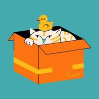 Funny animal vector illustration. The fat cat is hiding in a box. Cute design for print. Hand draw style