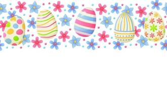 Easter border with eggs, lives and flowers. Spring template. Stock vector illustration in cartoon realistic style