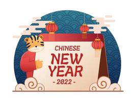 Illustration of Chinese New Year 2022 Year of Tiger with Cute Tiger Zodiac Cartoon and Calendar. Can be used for greeting card, postcard, invitation, banner, poster, print, web, animation. vector