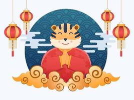 Cute Tiger Greeting Happy Chinese New Year 2022 Year of Tiger Zodiac illustration. Lucky and Year of the tiger. Can be use for greeting card, postcard, invitation, poster, banner, web. vector