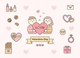 Couple holding hearts. Valentine's Day icons are all around. vector