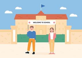 Boy and girl holding welcome banner. There is a school building in the background. vector