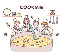 Cute chefs are boiling soup together in a huge pot. vector