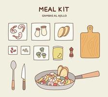 Meal kit for home cooking. Packaging of cooking ingredients and frying pan with food. vector