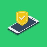 Isometric phone with shield icon concept. Flat vector illustration suitable for many purposes.