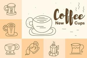 Brown coffee set digital line illustration. Freehand vector drawing cups