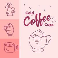 Hot coffee mug vector line drawing with crema. Cup and mugs of hot drinks