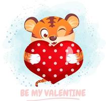 feliz día de san valentín con un lindo tigre abrazando a un personaje de caricatura del corazón. personaje de dibujos animados dibujados a mano vector