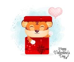 feliz día de san valentín con un lindo tigre sosteniendo un globo de corazón en un personaje de dibujos animados de regalo rojo vector