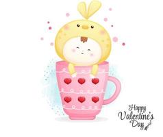 Valentine day with cute baby bird in decorative mug vector