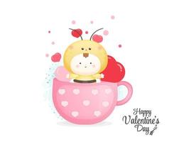 día de san valentín con linda abeja bebé en taza decorativa vector