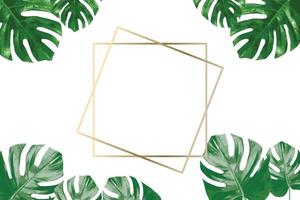 Lots of bright green tropical leaves as a background with a gold stripe in the middle. vector