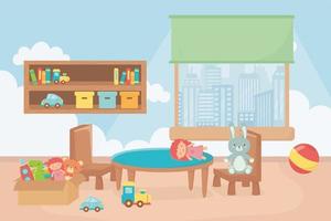 playroom with shelf boxes ball table chair window city vector