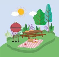 grilled bbq table blanket basket food picnic in the park vector