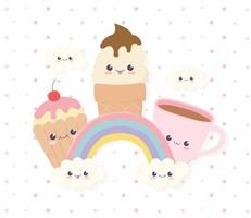 kawaii helado cupcake y taza de café arcoíris nubes comida rápida dibujos animados vector