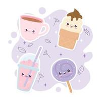 kawaii café taza helado piruleta frapé comida rápida dibujos animados vector