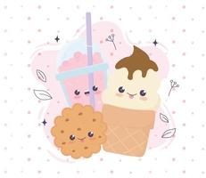 galleta de helado kawaii y frappe con dibujos animados de comida rápida de paja vector