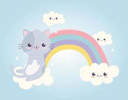 kawaii, caricatura, lindo, gato, con, lengua afuera, en, arco iris, nubes vector