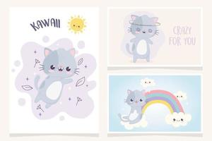 kawaii dibujos animados lindos gatos expresión caras arcoíris nubes personajes pancarta vector