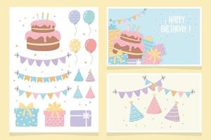 feliz cumpleaños pastel regalos globos banderines fiesta decoración tarjetas vector