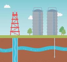 torre y tanques almacenamiento proceso exploración fracking vector