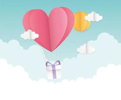 feliz día de san valentín origami corazón globos regalo cielo sol vector