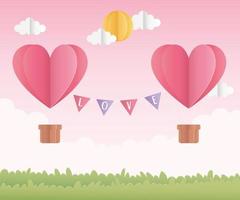 happy valentines day origami paper air balloons with sun field vector