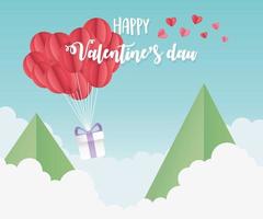 feliz día de san valentín origami globos de papel corazones montañas cielo vector