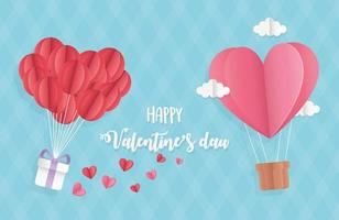 feliz día de san valentín globos de origami con regalo y nubes de globos de aire vector