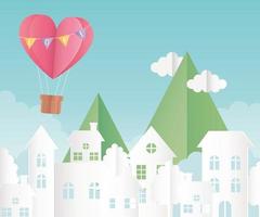 feliz día de san valentín origami papel globo aerostático corazón globos montañas nubes paisaje urbano vector