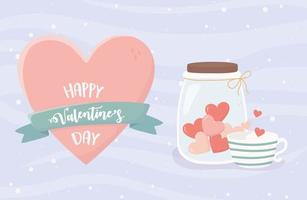 happy valentines day jar with hearts coffee cup vector