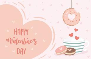 feliz día de san valentín colgando donut taza de café y galletas corazones vector