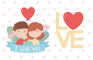 happy valentines day cute couple with balloon heart ribbon vector