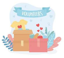 volunteering, help charity volunteers boxes clothes food love support vector