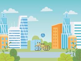 ecología urbana estacionamiento bicicletas transporte la carretera ciudad edificios vector