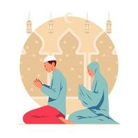 pareja musulmana rezando juntos vector