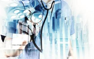 Double exposure of smart medical doctor working with abstract city as concept
