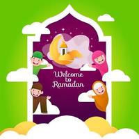 tarjeta de felicitación de bienvenida a la ilustración de ramadán con lindo personaje musulmán feliz vector