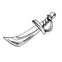 A hand-drawn ink sketch of  a vintage saber, sword. Outline on a white background, vintage vector illustration.   Vintage sketch element for labels, packaging and cards design.