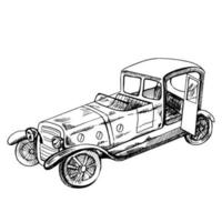 A hand-drawn ink sketch of  a vintage toy car. Outline on a white background, vintage vector illustration.   Vintage sketch element for labels, packaging and cards design.