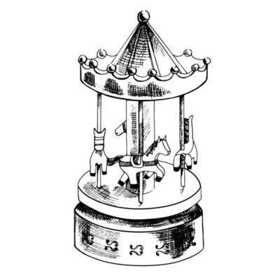A hand-drawn ink sketch of  a vintage toy carousel. Outline on a white background, vintage vector illustration.   Vintage sketch element for labels, packaging and cards design.
