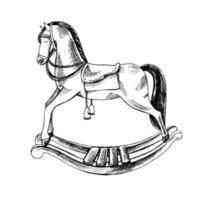 A hand-drawn ink sketch of  a vintage wooden baby rocking horse. Outline on a white background, vintage vector illustration.   Vintage sketch element for labels, packaging and cards design.