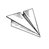 A hand-drawn ink sketch of  a paper airplane. Outline on a white background, vintage vector illustration.   Vintage sketch element for labels, packaging and cards design.