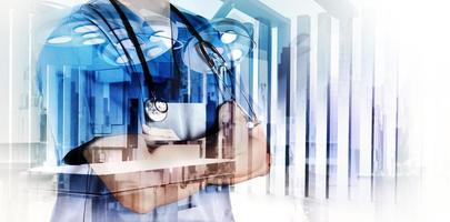 Double exposure of smart medical doctor working with abstract city as concept photo